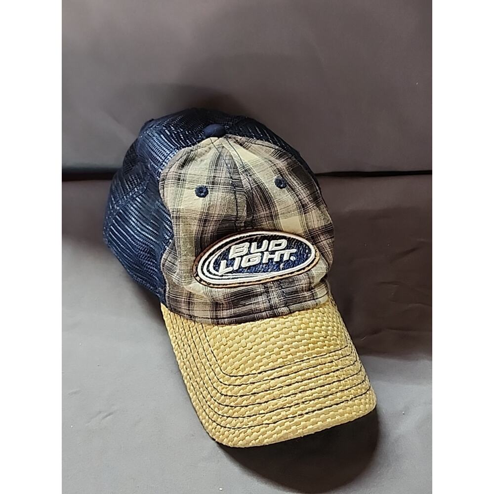 Budweiser Bud Light Hat Straw Plaid Mesh Trucker Ball Cap Beer Blue Snap Back